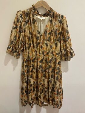 ba&sh Gold and Brown Abstract V-Neck Mini Dress